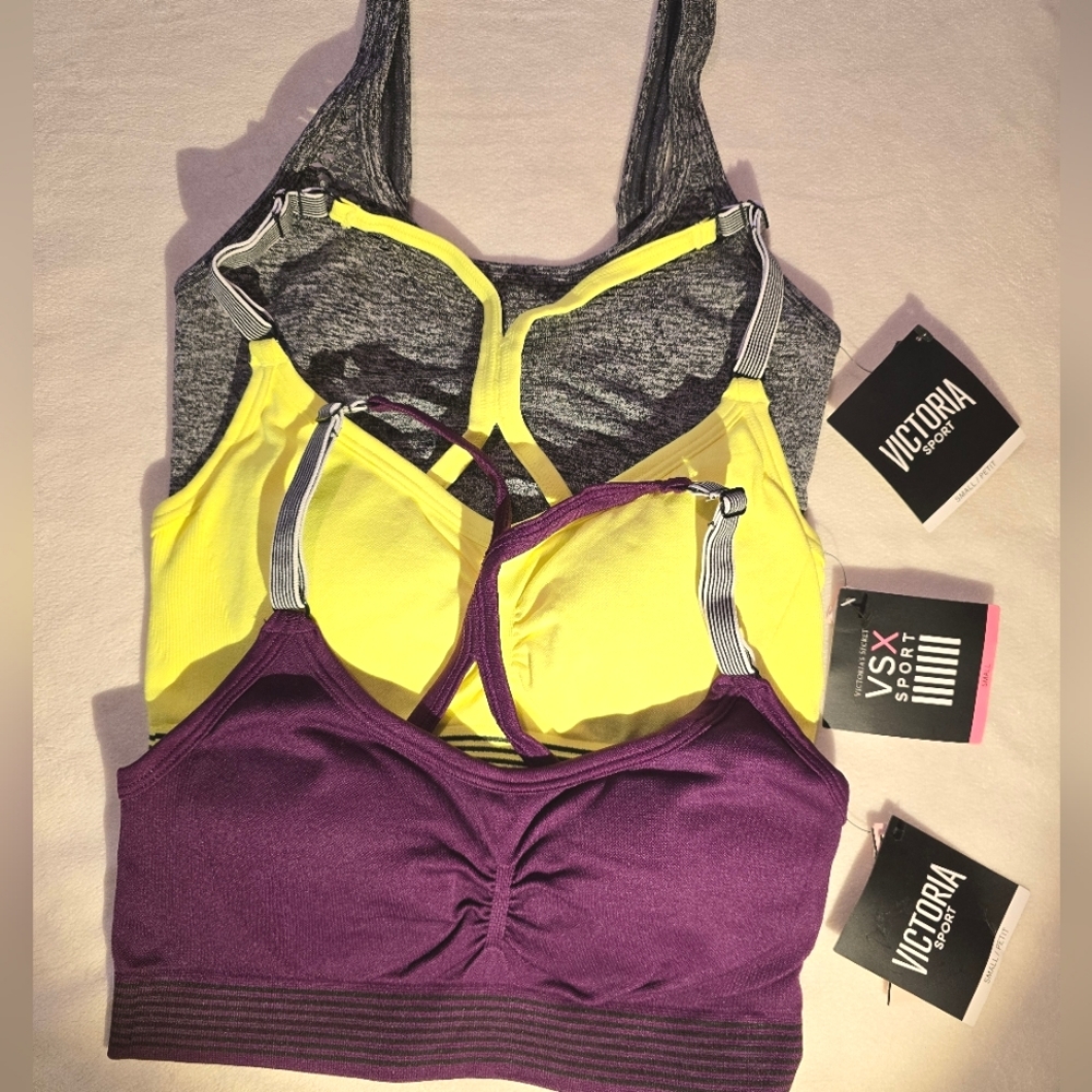 Victoria Secret Sport Bra, Small/Petit, Maroon, Yellow and Gray. Set of 3, NWT.